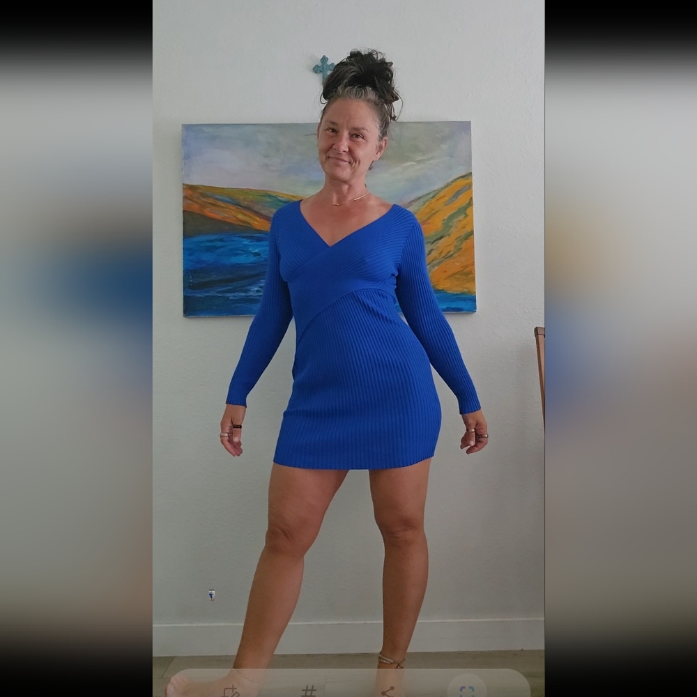 Charlotte Russe Blue Bodycon Dress V-Neck Long Sleeve